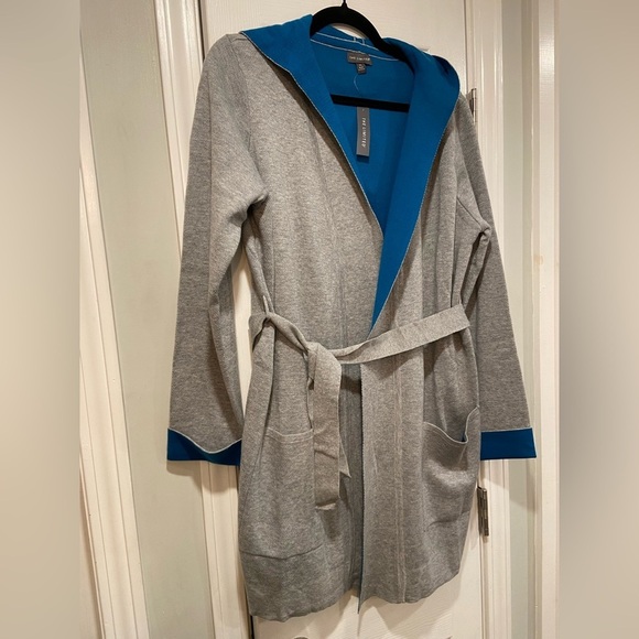 NWT The Limited Gray Turquoise Knit Wrap Front Hooded Belted Cardigan Size XL - Picture 4 of 12